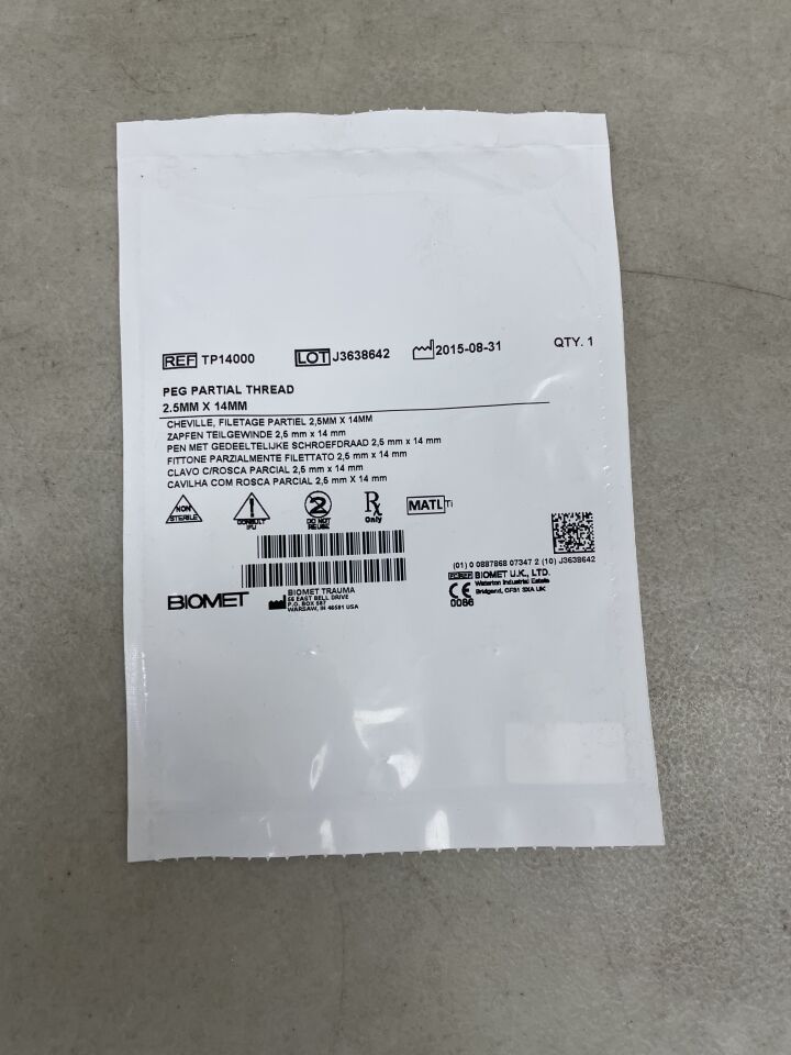 TP14000 - BIOMET - Peg Threaded, 2.5 x 14mm, (EA) - ( Expiry Date: 2099-12-31 )