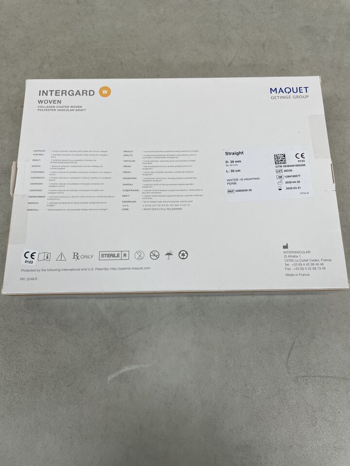 IGW0030-30 - MAQUET - Intergard Woven Collagen Coated Woven Polyester Vascular Graft, 30mm, 30cm , (BX/1) - ( Expiry Date: 2025-03-31 )