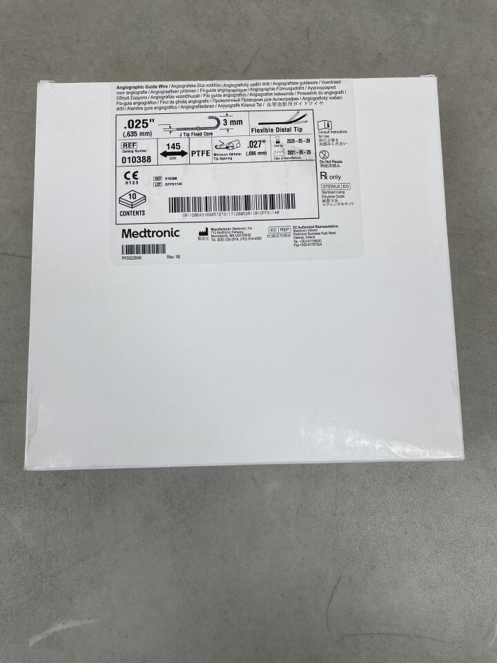 10388 - MEDTRONIC - Angiographic PTFE Guide Wire, Fixed Core 0.025" x 145cm, 3mm J, (BX/10) - ( Expiry Date: 2026-05-28 )