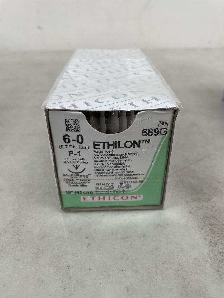 689G - ETHICON - Ethilon Non-Absorbable Monofilament Nylon Suture, Size 6-0, 18 in. Length, P-1 Needle, (BX/12) - ( Expiry Date: 2030-06-30 )