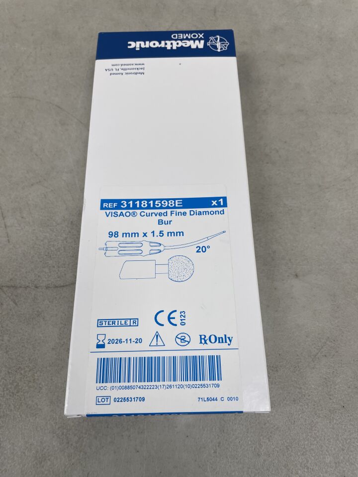 31181598E - MEDTRONIC - Visao Stainless Steel X-Long Round Curved Fine Diamond Cochleostomy Burr, 0.5 dia. x 98 mm Length, (BX/1) - ( Expiry Date: 2026-11-20 )