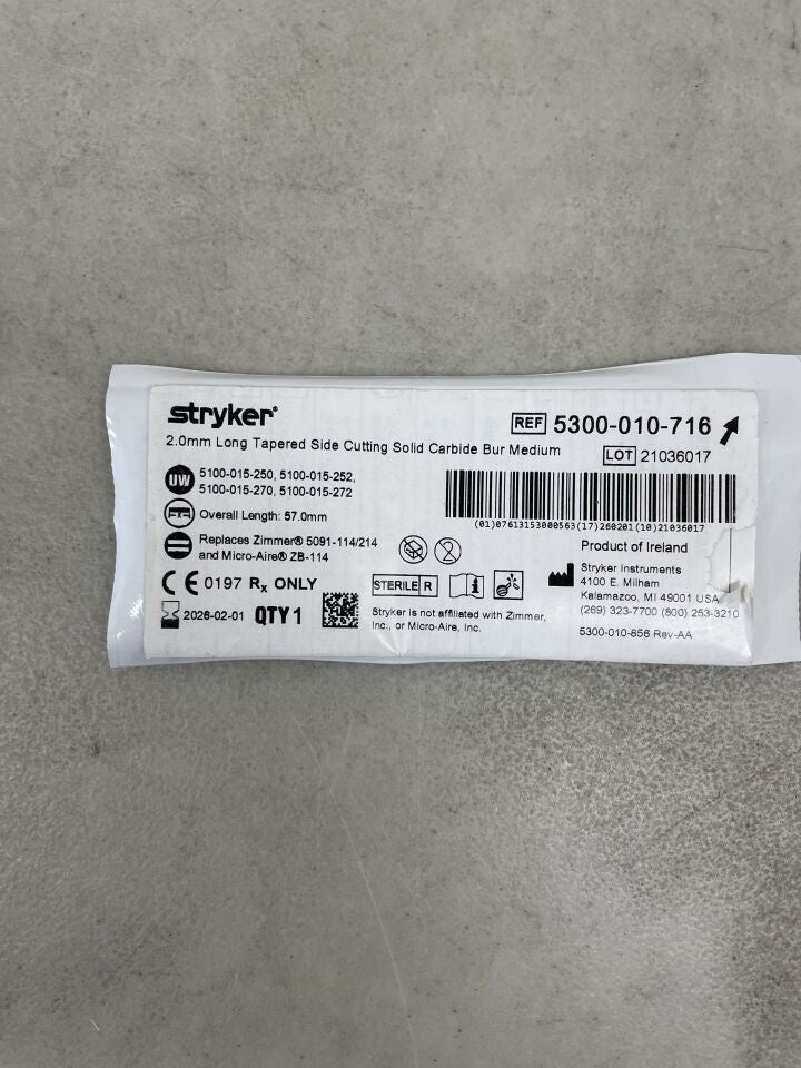 5300-010-716 - STRYKER - 2.0mm Long Tapered Side Cutting Solid Carbide Bur Medium, (EA) - ( Expiry Date: 2026-02-01 )
