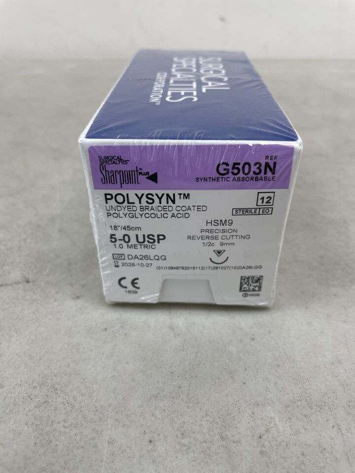 G503N - SURGICAL SPECIALTIES - PolySyn Undyed Braided Suture, Size 5/0, 18"/45 cm, P-2 Needle, Precision Reverse Cutting, 9 mm, 1/2 Circle, (BX/12) - ( Expiry Date: 2028-10-27 )