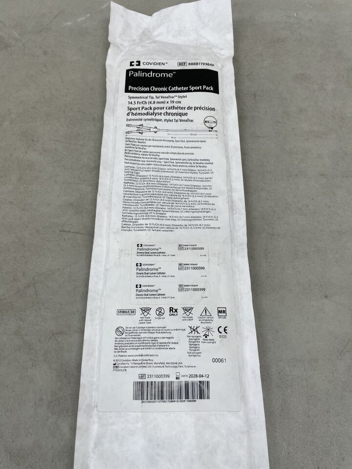 8888119364P - COVIDIEN - Palindrome Precision Chronic Catheter Sport Pack, Symmetrical Tip, Tal VenaTrac Stylet 14.5F x 19cm, (EA) - ( Expiry Date: 2028-04-12 )