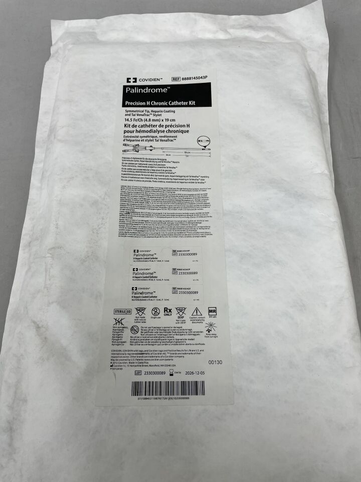 8888145043P - COVIDIEN - palindrome precision h chronic catheter kit, symmetrical tip, heparin coating and tal venatrac stylet, 14.5f, (EA) - ( Expiry Date: 2026-12-05 )