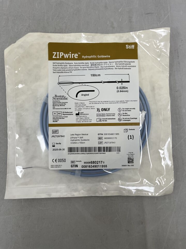 680217 - BOSTON SCIENTIFIC - ZIPwire Hydrophilic Guidewire - Stiff, Angled - .025" x 150cm, (EA) - ( Expiry Date: 2025-09-30 )