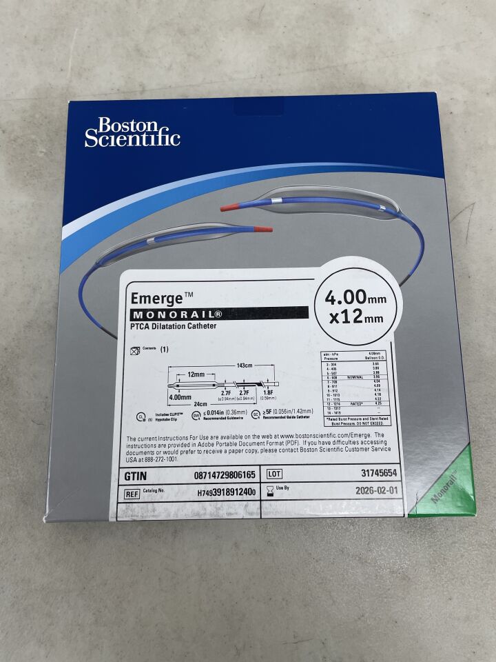 391891240 - BOSTON SCIENTIFIC - Emerge PTCA Dilatation Catheter, Monorail, 4.00mm x 12mm, (BX/1) - ( Expiry Date: 2026-02-01 )