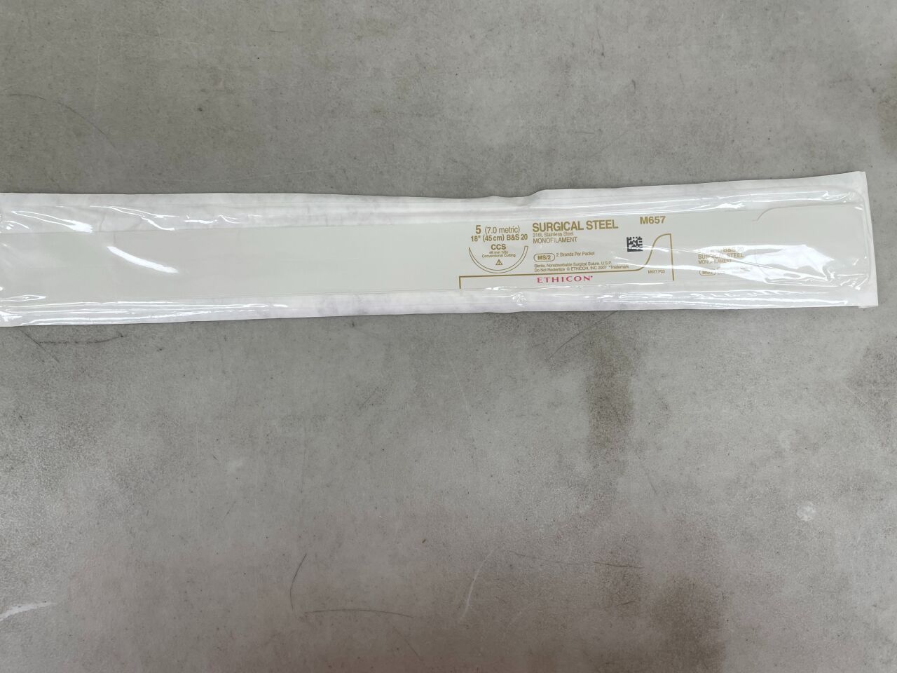 M657G - ETHICON - Steel Non-Absorbable Monofilament B & S20 Stainless Steel Suture, Size 5-0, 18 in. Length, CCS Needle, (EA) - ( Expiry Date: 2026-05-31 )