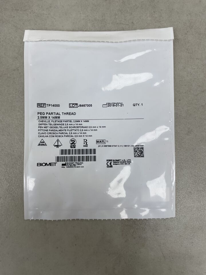 TP14000 - BIOMET - Peg Threaded, 2.5 x 14mm, (EA) - ( Expiry Date: 2099-12-31 )