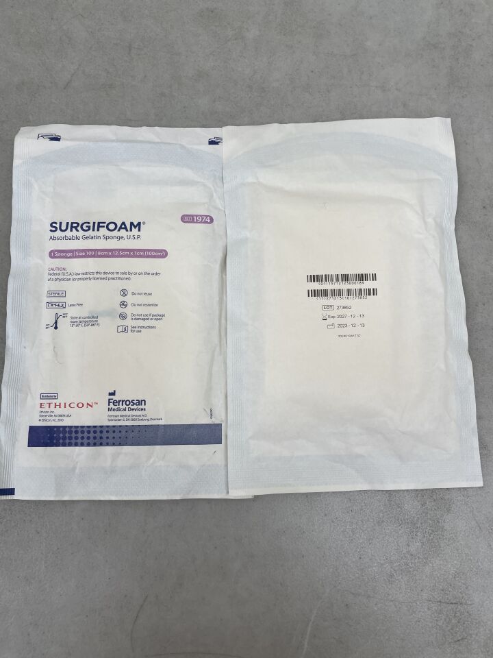 1974 - ETHICON - SURGIFOAM Absorbable Gelatin Sponge, size 100, 8cm x 12.5cm x 1cm, (EA) - ( Expiry Date: 2027-12-13 )