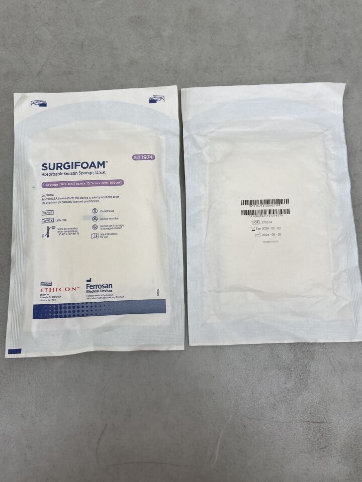 1974 - ETHICON - SURGIFOAM Absorbable Gelatin Sponge, size 100, 8cm x 12.5cm x 1cm, (EA) - ( Expiry Date: 2028-05-02 )