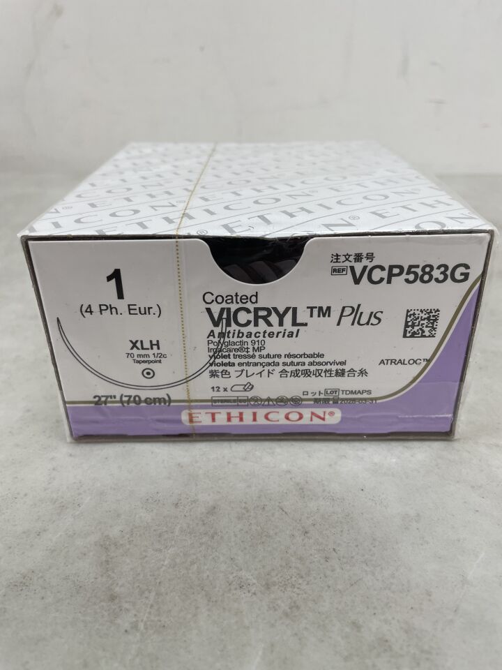 VCP583G - ETHICON - COATED VICRYL Plus Antibacterial (polyglactin 910) Suture, Taper Point, Absorbable, XLH 70mm ½ Circle, Violet Braided 27" = 70cm, Size: 1-0, (BX/12) - ( Expiry Date: 2028-03-31 )