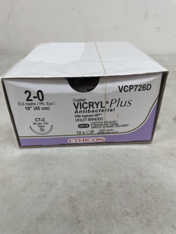 VCP726D - ETHICON - Coated Vicryl Plus Absorbable Braided Antibacterial Suture, Size 2-0, 18 in. Length, CT-2 Needle, (BX/12) - ( Expiry Date: 2029-10-31 )