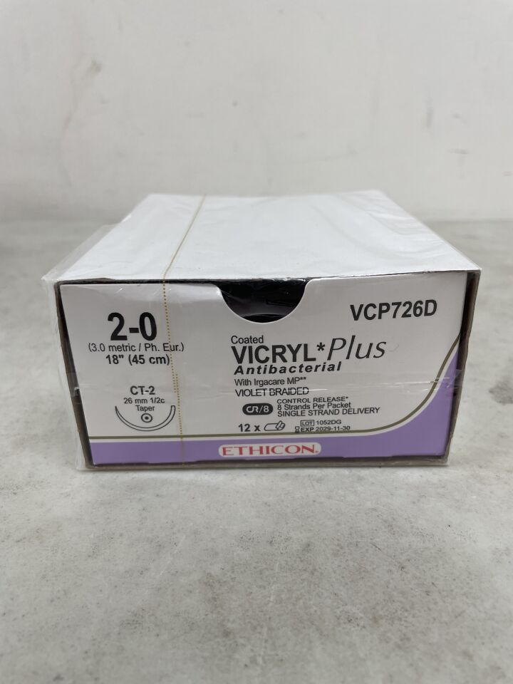 VCP726D - ETHICON - Coated Vicryl Plus Absorbable Braided Antibacterial Suture, Size 2-0, 18 in. Length, CT-2 Needle, (BX/12) - ( Expiry Date: 2029-11-30 )