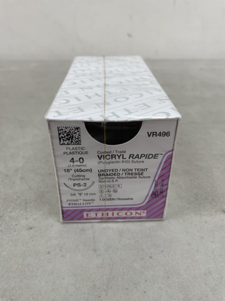 VR496 - ETHICON - Vicryl Rapide Absorbable Braided Polyglactin 910 Suture, Size 4-0, 18 in. Length, PS-2 Needle, (BX/12) - ( Expiry Date: 2027-04-30 )