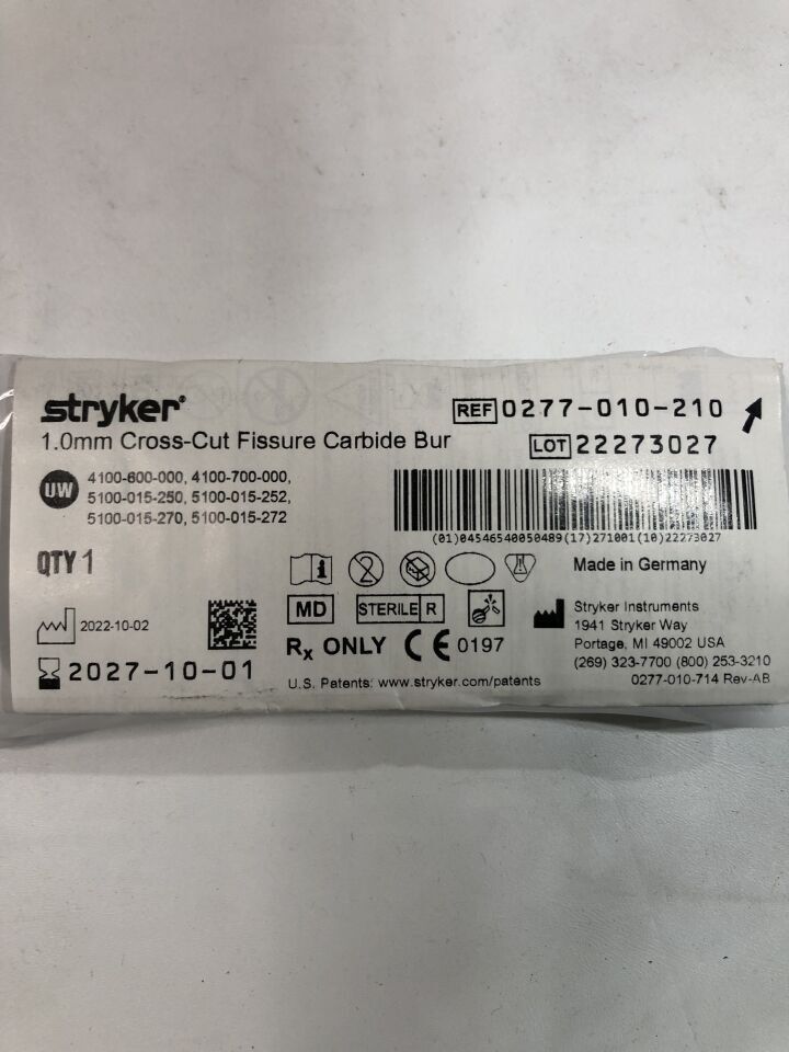 0277-010-210 - STRYKER - 1.0mm Cross-Cut Fissure Carbide Bur, (EA) - ( Expiry Date: 2027-10-01 )