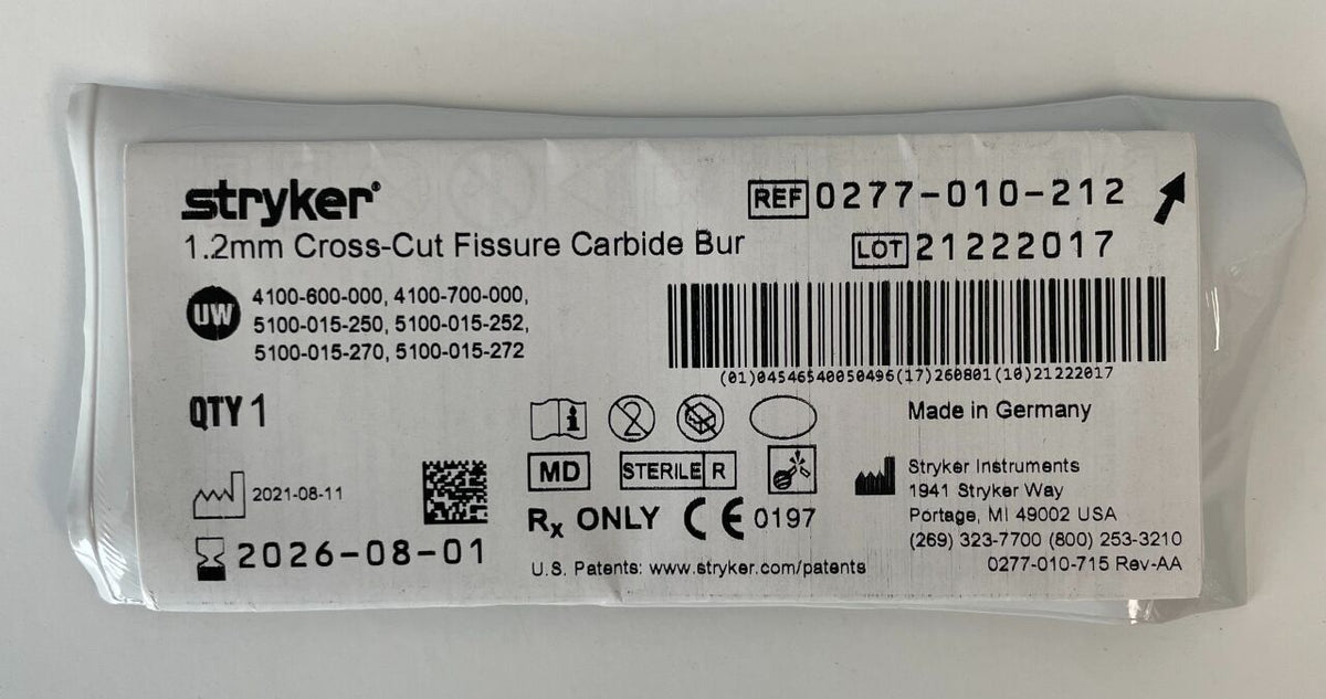 0277-010-212 - STRYKER - Fluted Cross Cut Fissure Fast Cutting Micro Burr, 1.2 mm Head Diameter, 44.5 mm Length, ()