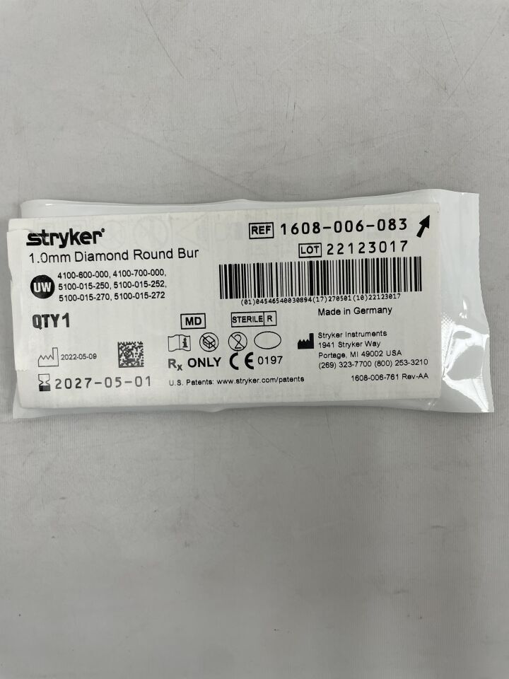 1608-006-083 - STRYKER - 1.0mm Diamond Round Bur, (EA) - ( Expiry Date: 2027-05-01 )
