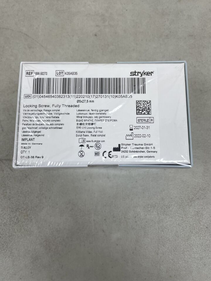 1896-5027S - STRYKER - Fully Threaded Locking Screw, 5 dia. x 27.5 mm Length, (BX/1) - ( Expiry Date: 2027-01-31 )