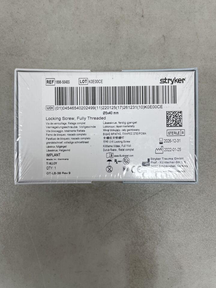 1896-5040S - STRYKER - Fully Threaded Locking Screw, 5 dia. x 40 mm Length, (BX/1) - ( Expiry Date: 2026-12-31 )