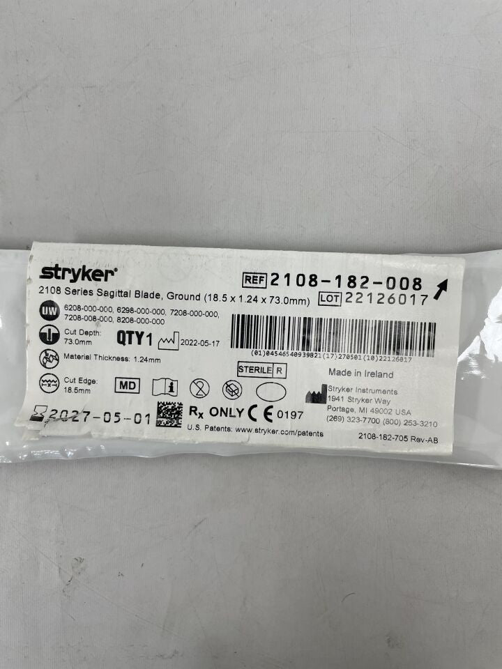 2108-182-008 - STRYKER - Sagittal Blade, No Offset 18.6mm x 84.4mm x 1.24mm, (EA) - ( Expiry Date: 2027-05-01 )