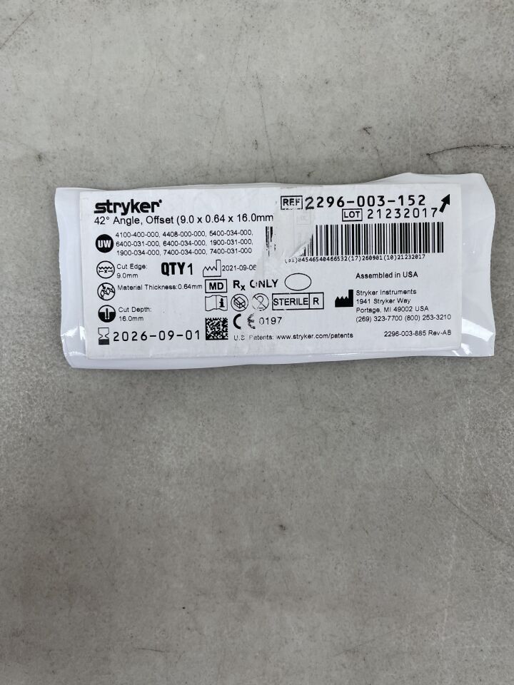 2296-003-152 - STRYKER - Blade 42 Degree Angle, Offset, Fine 9mm x 0.64mm x 16mm, (EA) - ( Expiry Date: 2026-09-01 )
