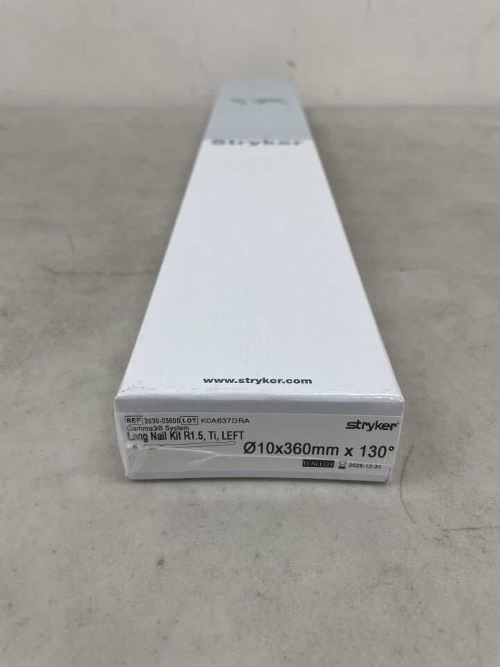 3530-0360S - STRYKER - Gamma3 Titanium Left R1.5 Cannulated Long Intramedullary Nail, 10 dia. x 360 mm, (BX/1) - ( Expiry Date: 2026-12-31 )