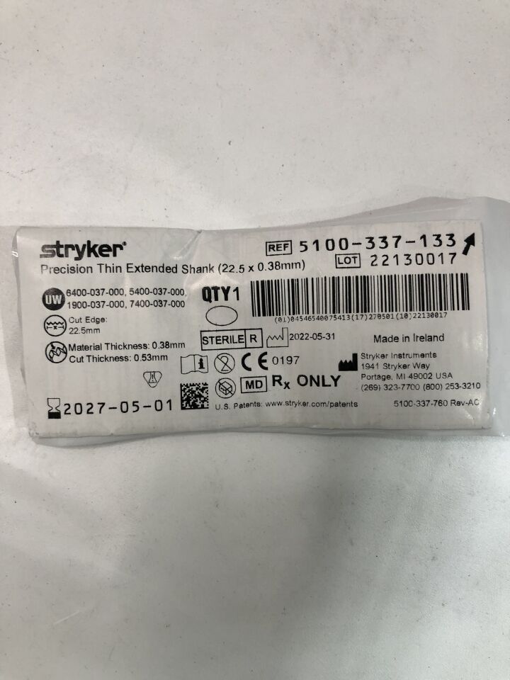 5100-337-133 - STRYKER - Precision Thin Extended Shank Blade, 22.5 x 0.38mm, (EA) - ( Expiry Date: 2027-05-01 )