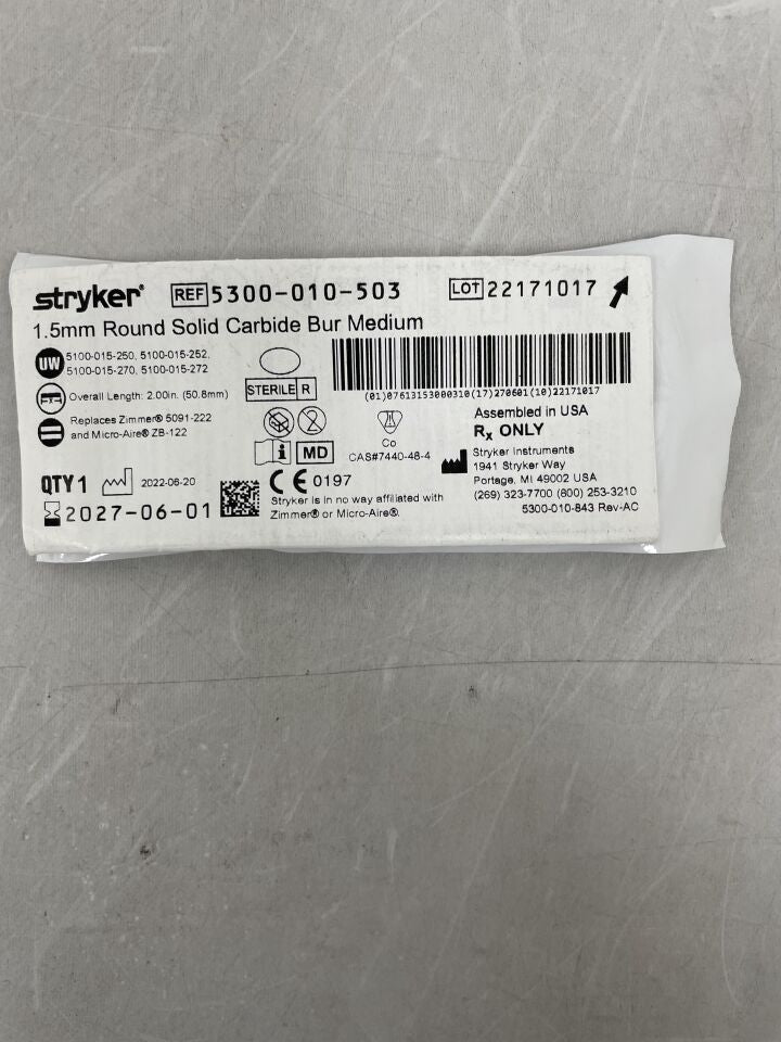 5300-010-503 - STRYKER - 1.5mm Round Solid Carbide Bur, Medium, (EA) - ( Expiry Date: 2027-06-01 )