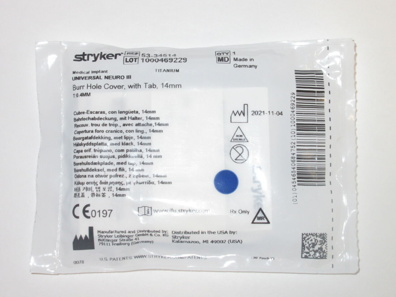 53-34514 - STRYKER - 53-34514 : Burr Hole Cover, with Tab, 14mm - 53-34514, (EA) - ( Expiry Date: 2099-12-31 )