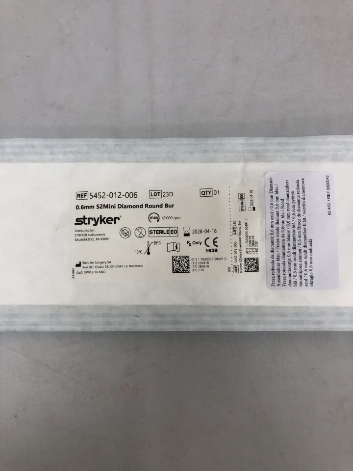 5452-012-006 - STRYKER - Cutting burr, 0.6mm diameter, S2 mini diamond round burr, (EA) - ( Expiry Date: 2028-04-18 )