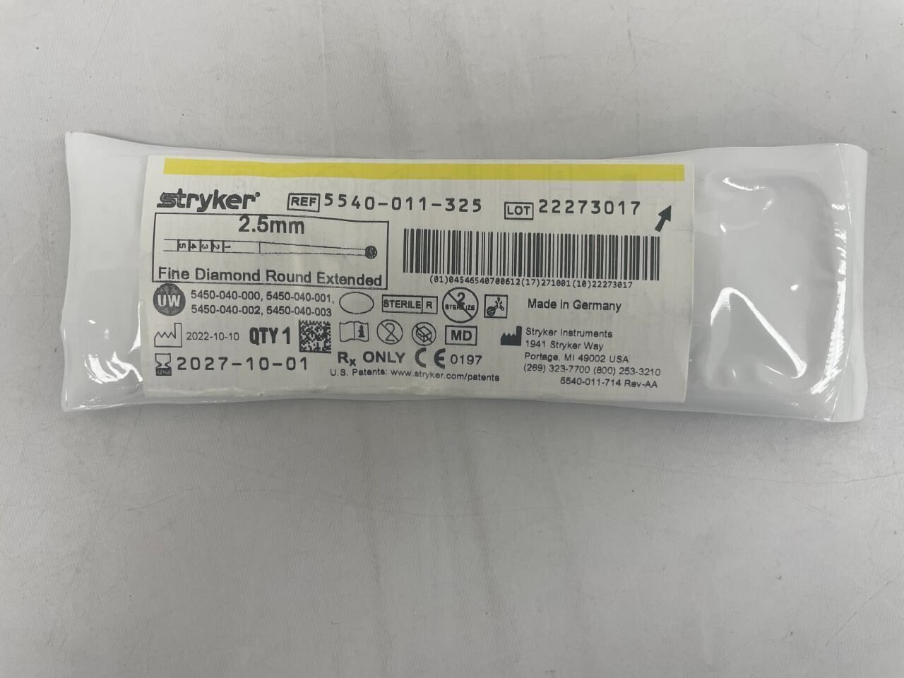 5540011325 - STRYKER - Cranial bur 2.5mm Fine Diamond Round Extended, (EA) - ( Expiry Date: 2027-10-01 )