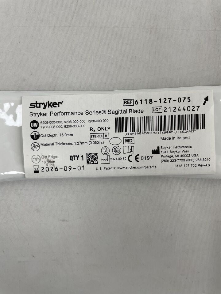 6118-127-075 - STRYKER - system 6 sagittal blade: 18mm x 75mm x 1.27mm, (EA) - ( Expiry Date: 2026-09-01 )