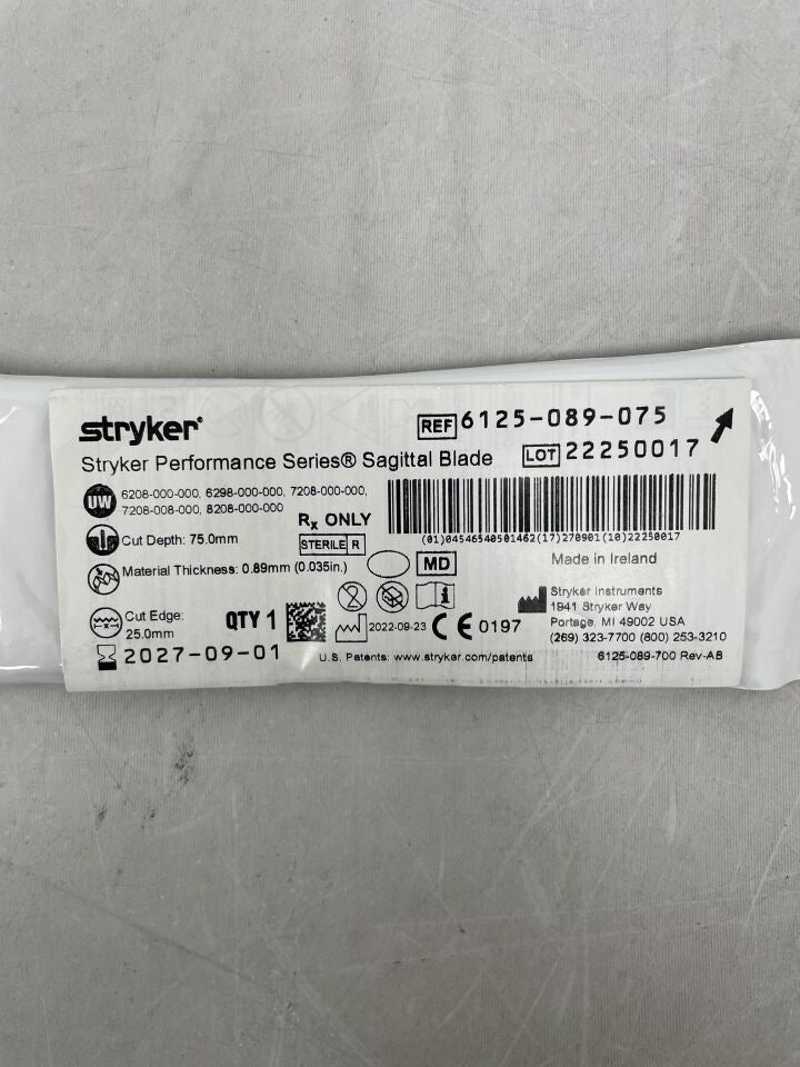 6125-089-075 - STRYKER - System 6 Sagittal Blade: 25mm x 75mm x 0.89mm, (EA) - ( Expiry Date: 2027-09-01 )