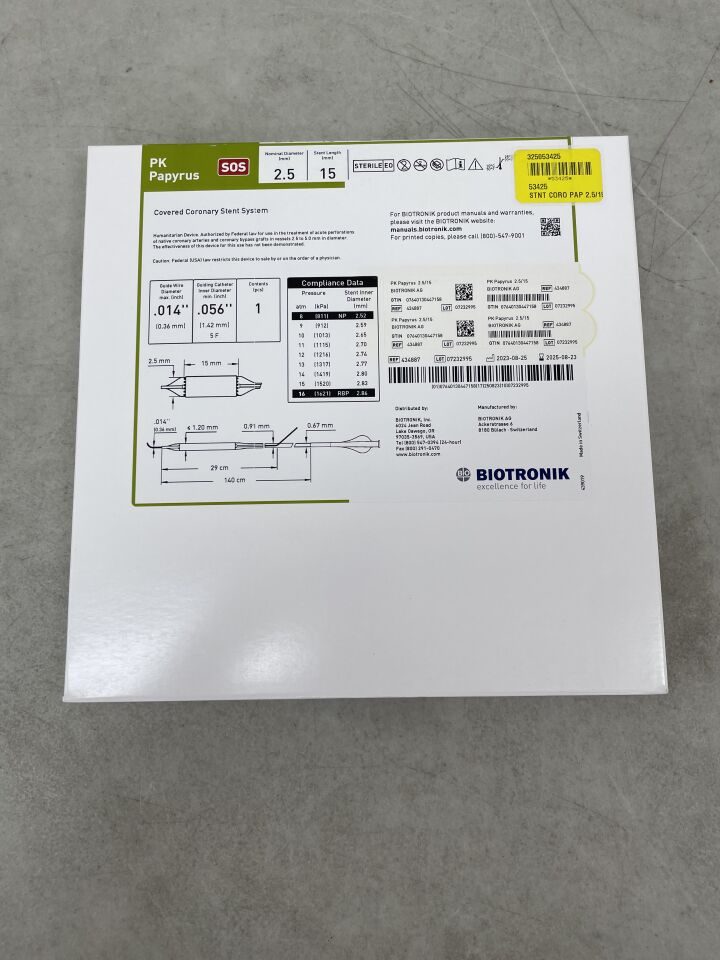 434887 - BIOTRONIK - PK Papyrus Covered Coronary Stent System - SOS - 2.5mm x 15mm x 140cm, (BX/1) - ( Expiry Date: 2025-08-23 )