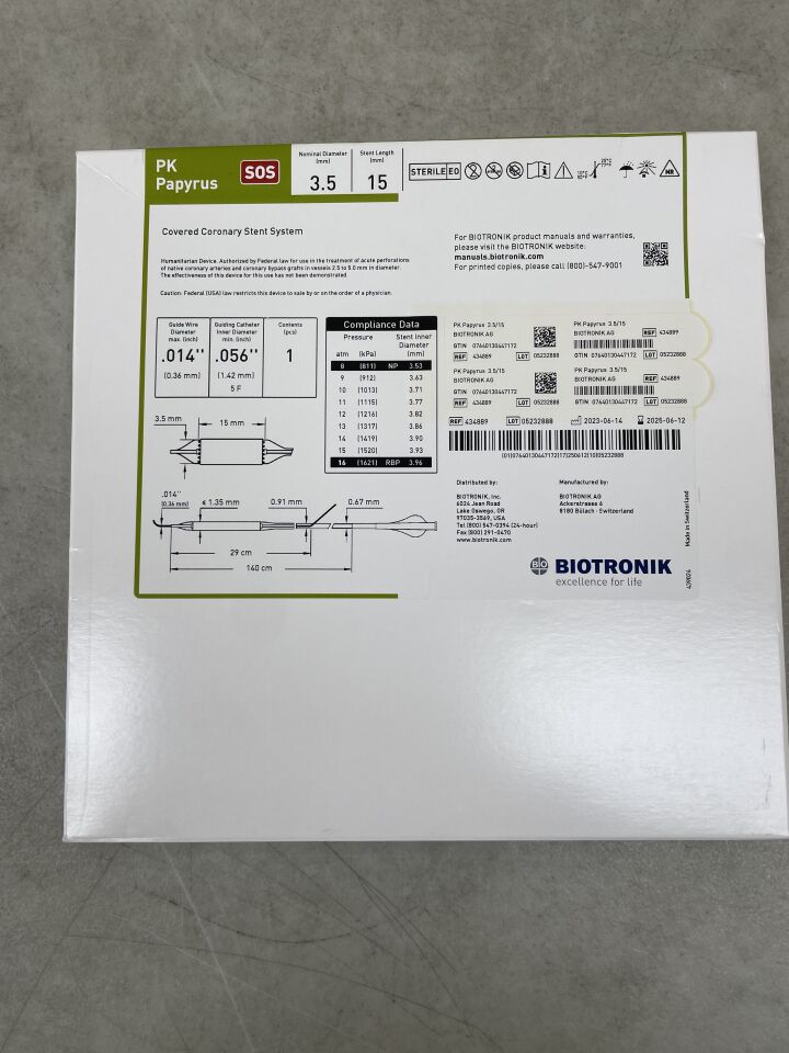 434889 - BIOTRONIK - PK Papyrus Covered Coronary Stent System - SOS - 3.5mm x 15mm x 140cm, (BX/1) - ( Expiry Date: 2025-10-09 )