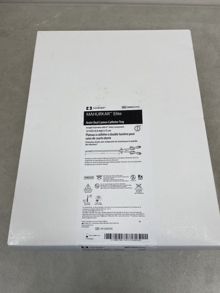 8888221413 - COVIDIEN - Mahurkar ELITE 12F Acute Dual Lumen Catheter 13cm, Straight, PASS Tray, (BX/1) - ( Expiry Date: 2025-11-01 )