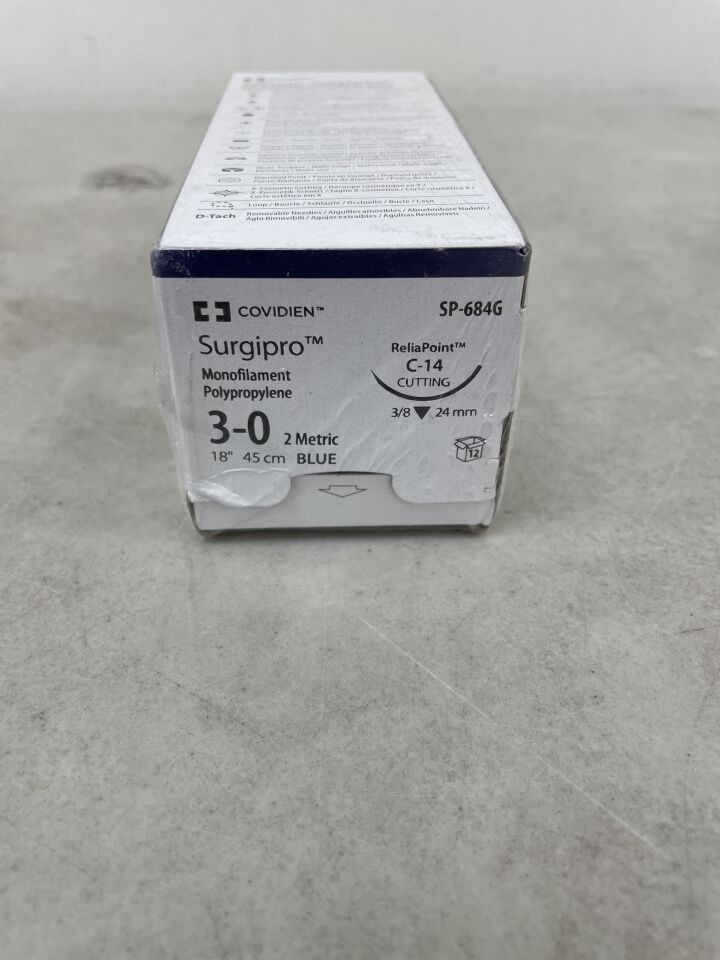 SP-684G - COVIDIEN - 3-0 Medtronic Surgipro blue 18" C-14 cutting - Monofilament, Non-Absorbable, Polypropylene, Suture, Synthetic, (BX/12) - ( Expiry Date: 2025-07-31 )
