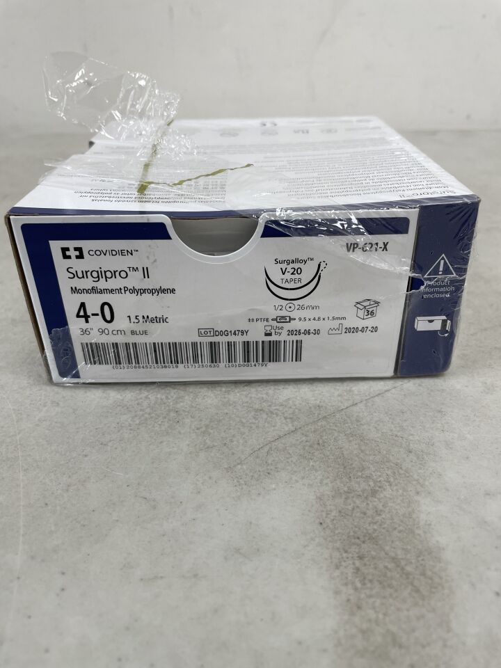 VP-621-X - COVIDIEN - Surgipro II Non-Absorbable Monofilament Suture, Size 4-0, 90 cm Length, V-20 Needle, (BX/36) - ( Expiry Date: 2025-06-30 )