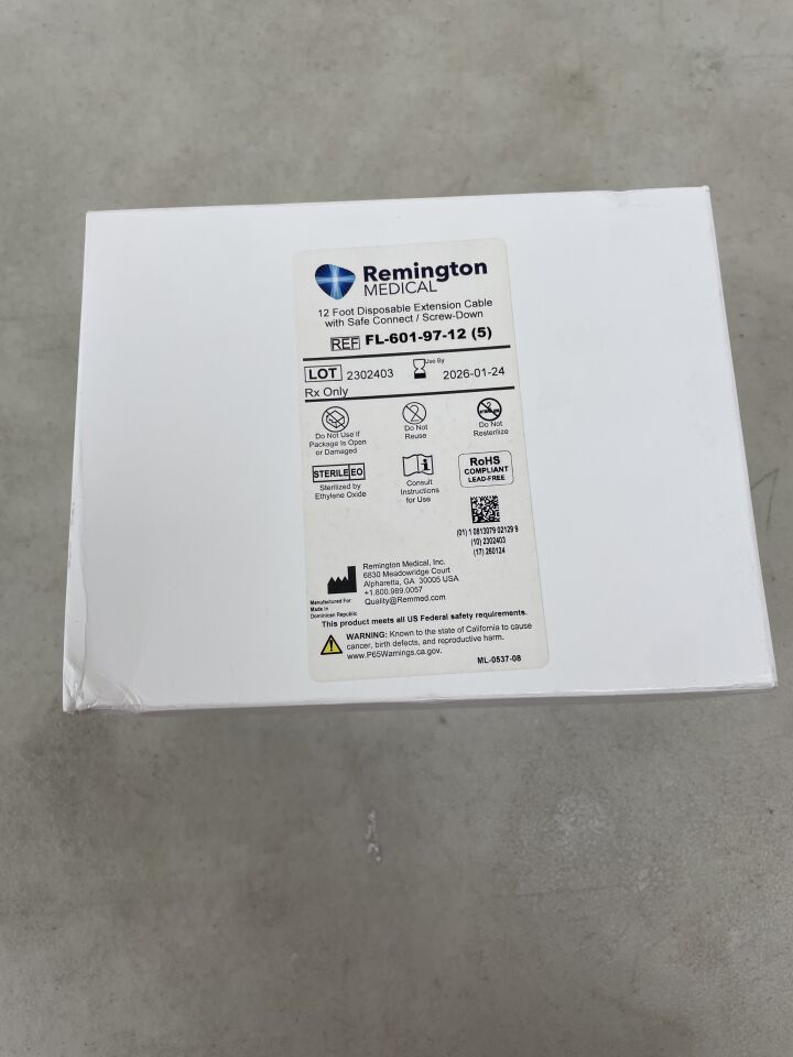 FL-601-97-12 - REMINGTON MEDICAL - Extension Cable with Safe Connect, Screw Down, 12ft, (BX/5) - ( Expiry Date: 2026-01-24 )