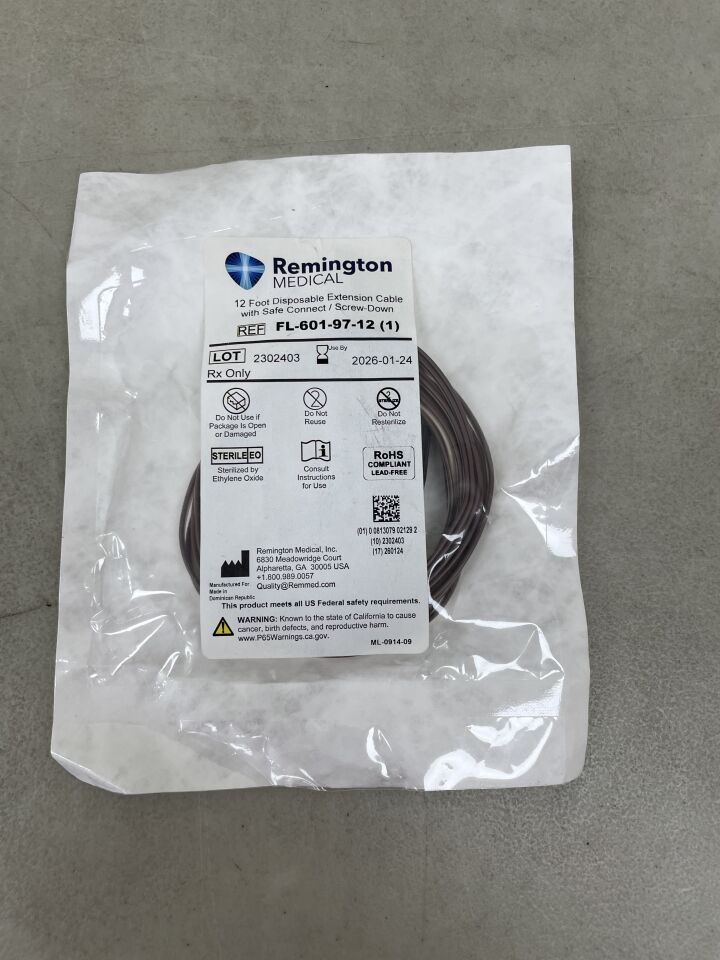 FL-601-97-12 - REMINGTON MEDICAL - Extension Cable with Safe Connect, Screw Down, 12ft, (EA) - ( Expiry Date: 2026-01-24 )
