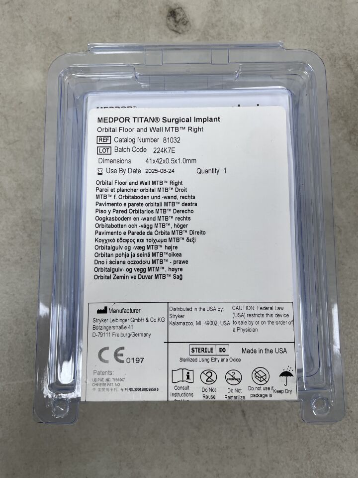 81032 - STRYKER - Medpor Titan Orbital Floor and Wall (OFW) 41mm x 42mm x 0.5mm, 1.0mm MTB Right, (EA) - ( Expiry Date: 2025-08-24 )