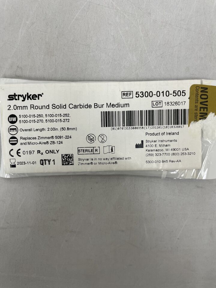 5300-010-505 - STRYKER - 2.0mm Round Solid Carbide Bur Medium, (EA) - ( Expiry Date: 2025-09-01 )