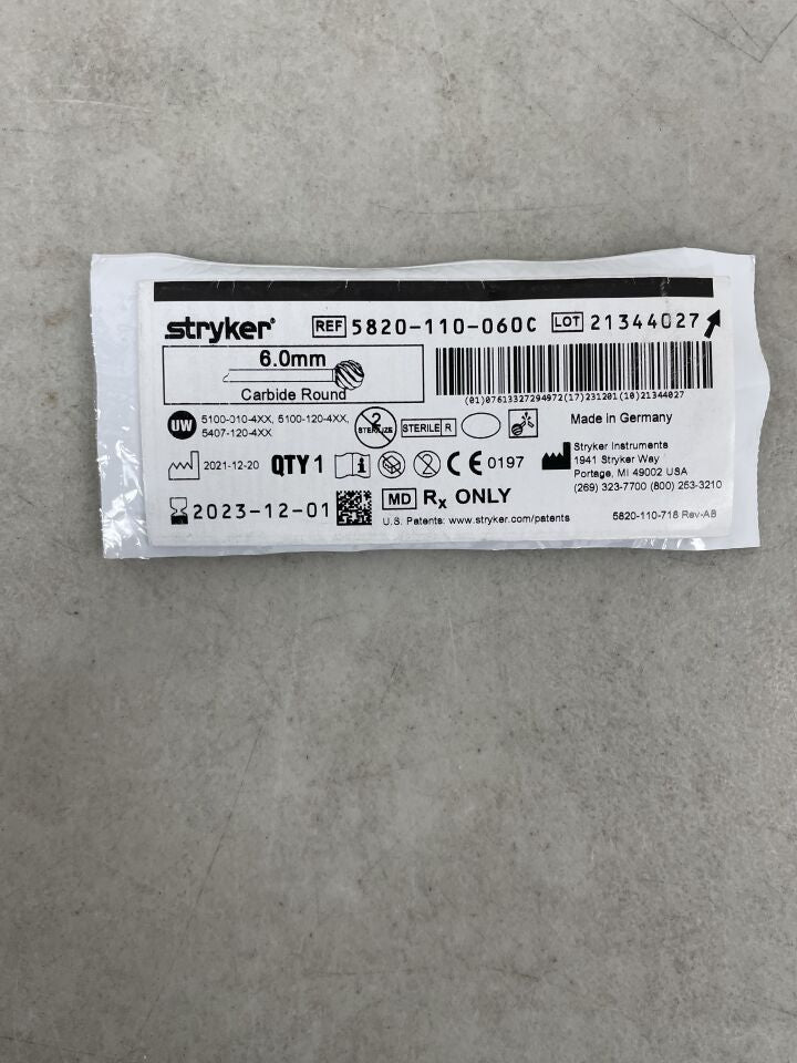 5820-110-060C - STRYKER - Round Carbide Burr, 6 mm Head Diameter, (EA) - ( Expiry Date: 2023-12-01 )