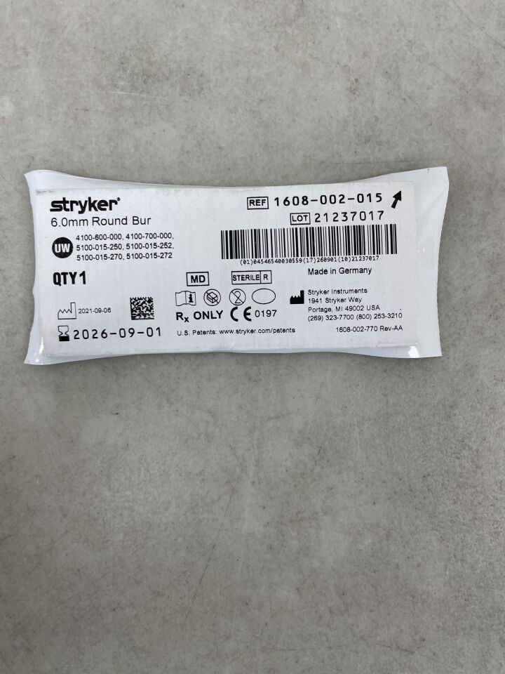 1608-002-015 - STRYKER - Fluted Round Micro Burr, 6 mm Head Diameter, 54 mm Length, (EA)