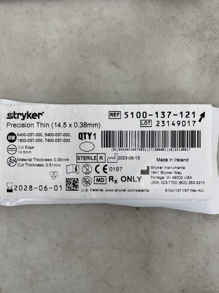 5100-137-121 - STRYKER - Precision Thin Reciprocating Saw Blade, 14.5 mm Width, (EA)