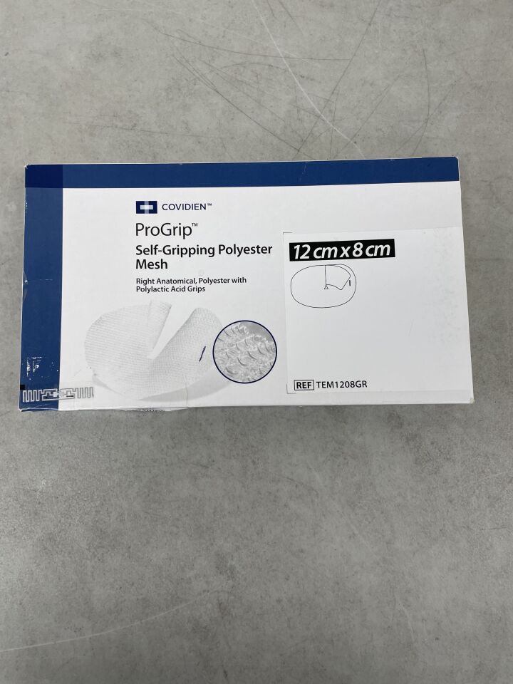 TEM1208GR - COVIDIEN - Parietex ProGrip Right Anatomical Self-fixating Polyester Mesh with Polyactic Acid Grip, 12 x 8 cm, (BX/1) - ( Expiry Date: 2026-02-28 )