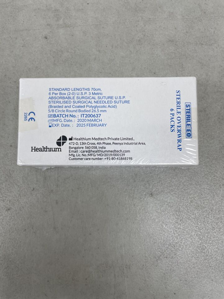 2E70EZ26.5-6 - HEALTHIUM MEDTECH - Absorbable Surgical Suture, Braided and Coated Polyglycolic Acid, 5/8 Circle, 70cm Length, (BX/6) - ( Expiry Date: 2025-02-28 )