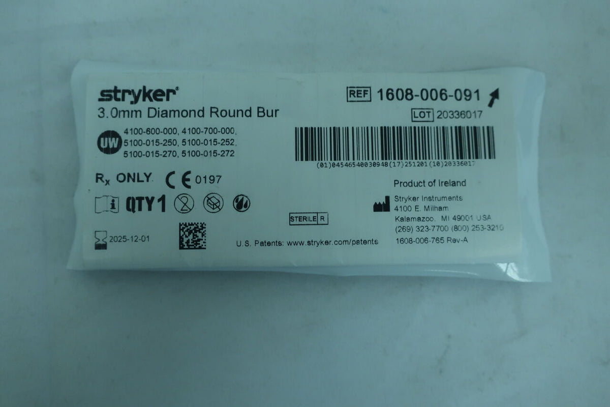 1608-006-091 - STRYKER - Diamond Round Micro Burr, 3 mm Head Diameter, 54 mm Length, (EA)