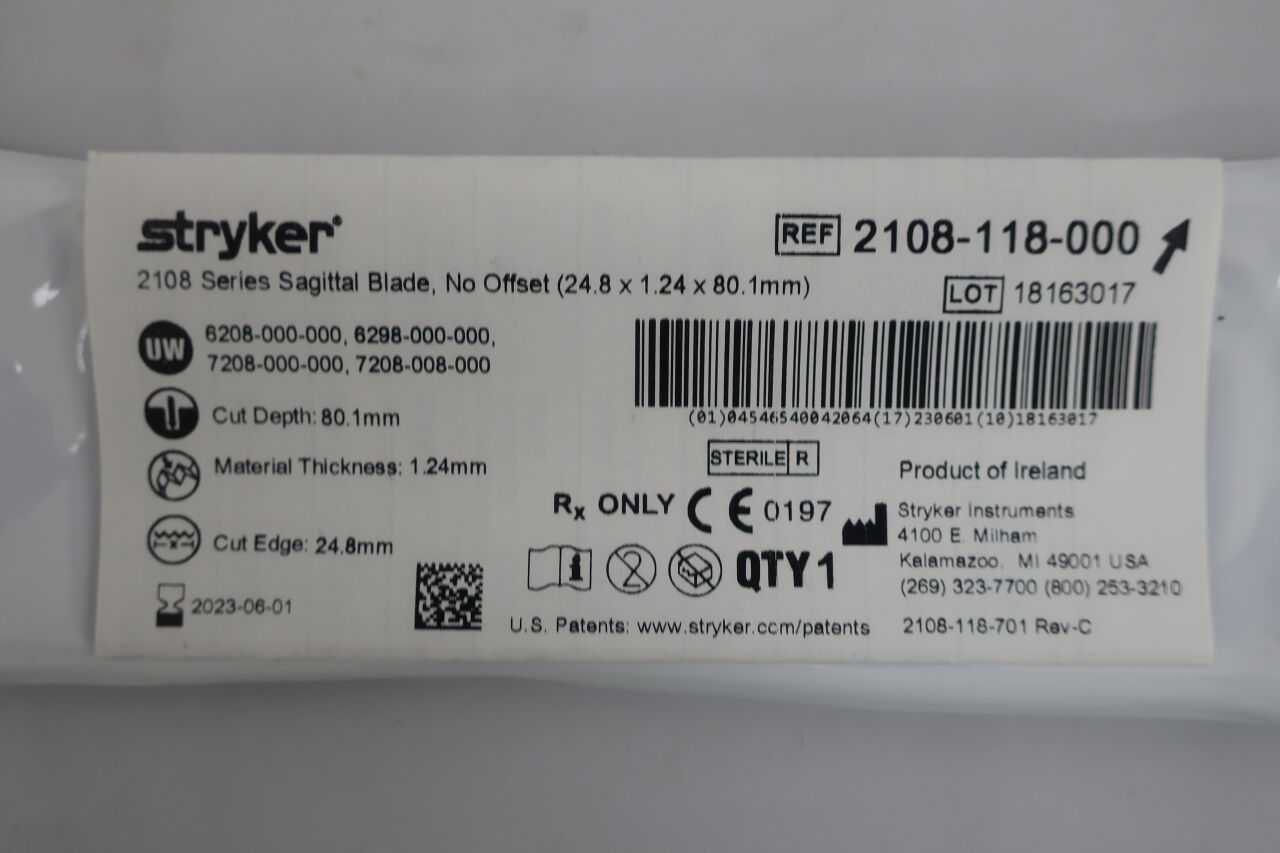 2108-118-000 - STRYKER - Heavy Duty Thick Sagittal Saw Blade, 79.5 L x 25 mm W, (EA) - ( Expiry Date: 2022-03-01 )